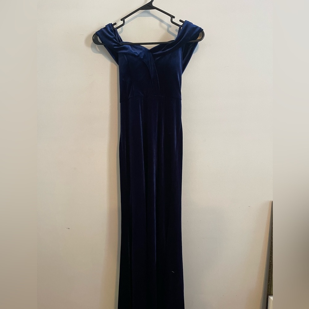 Navy blue velvet off the shoulder dress